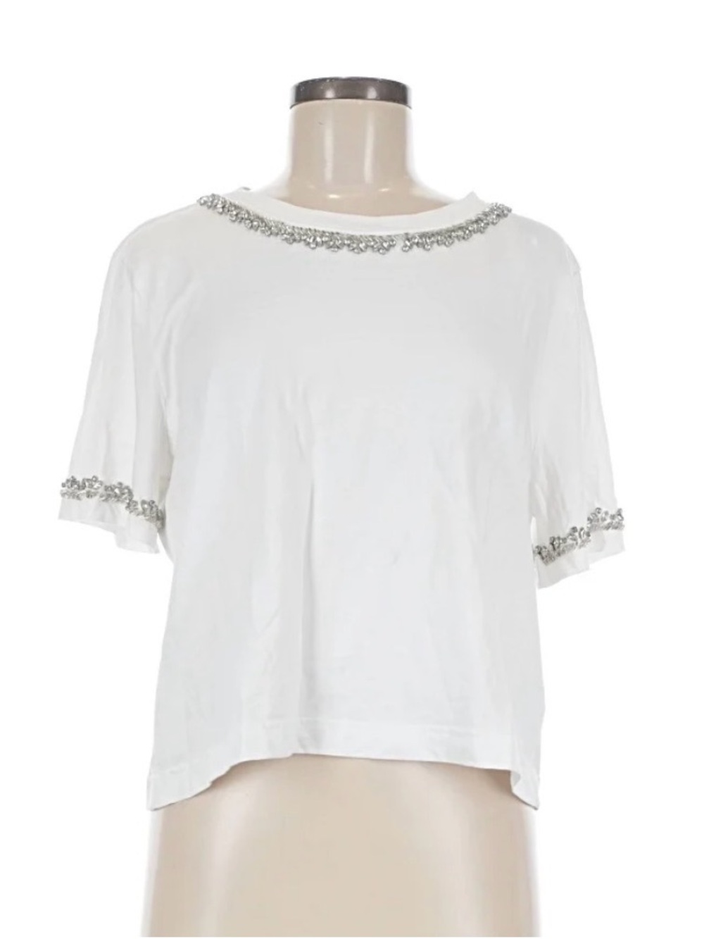 J. Crew White Short-Sleeve Crewneck Top with Beaded Trim